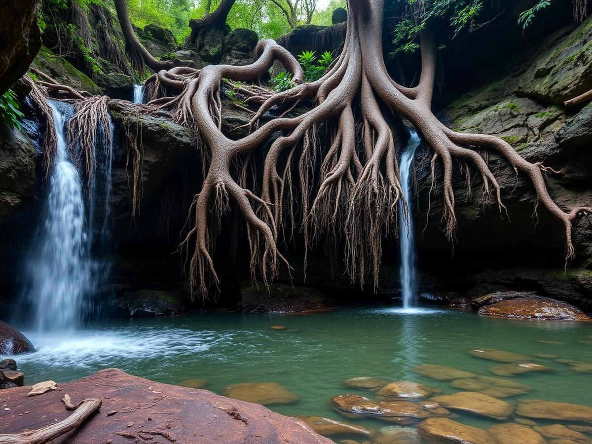 Cachoeira das Raízes entre raízes centenárias